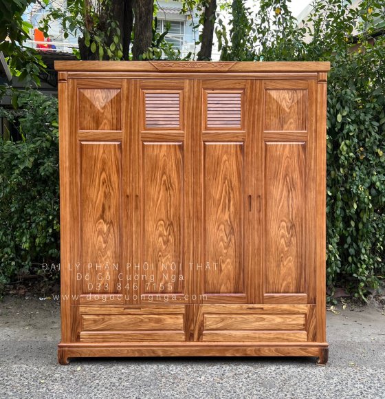 Tủ Áo Gỗ Hương Xám 4 Cánh 2m - Mẫu Chớp Nón