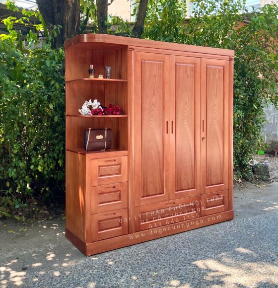 Tủ Quần Áo Gỗ Xoan Đào 3 Cánh Hiện Đại Kèm Kệ Trang Trí - Góc Trái 