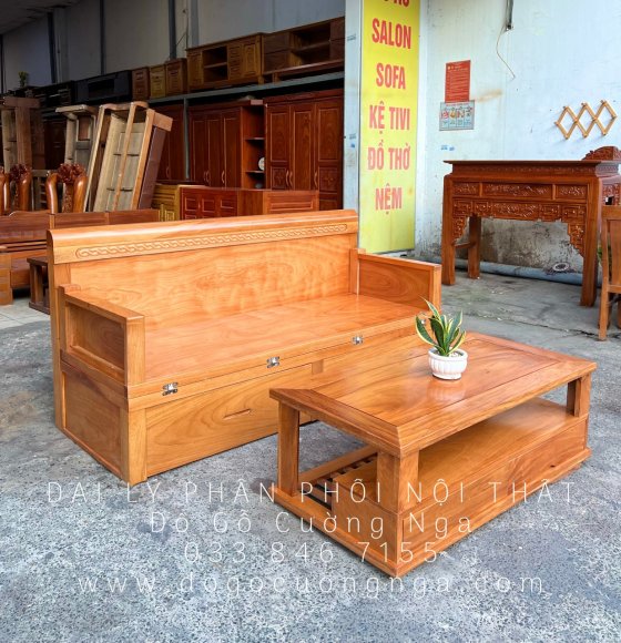 Sofa Giường Gấp Gọn Gỗ Gõ Đỏ Kết Hợp Bàn Hiện Đại 