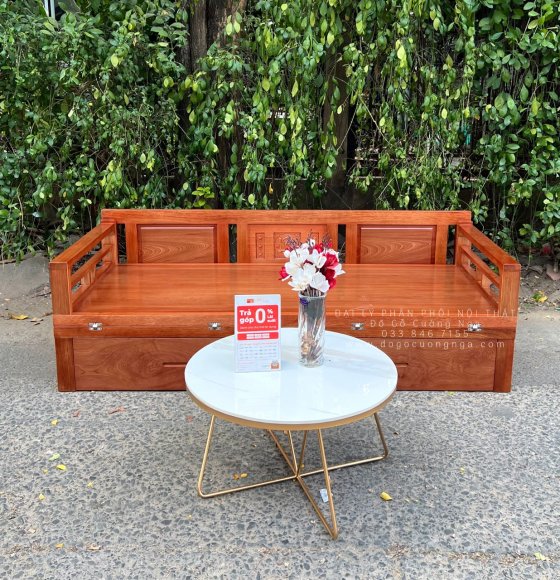 Sofa Giường Gấp Gọn Gỗ Xoan Đào Ngăn Kéo 1m2 Kèm Bàn Trà Mặt Đá 