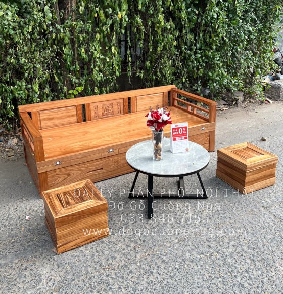 Sofa Giường Gấp Gọn Gỗ Hương Xám 1m2 Ngăn Kéo Kèm Bàn Trà Và Đôn Ngồi 