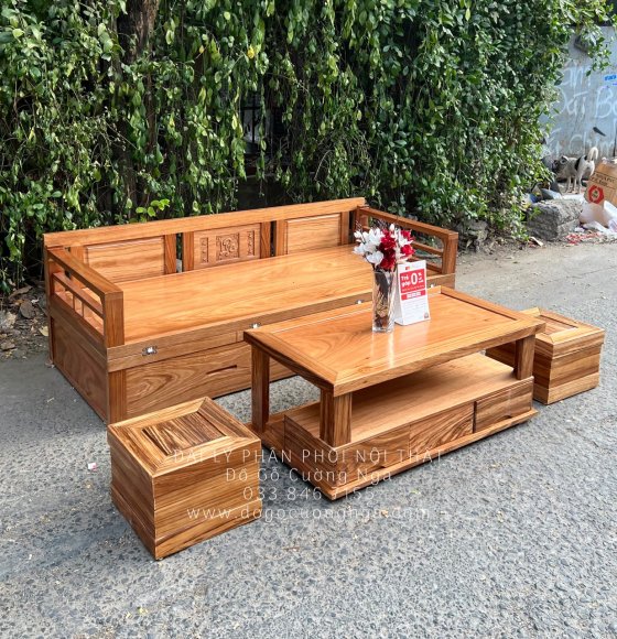 Giường Gấp Gỗ Hương Xám Ngăn Kéo 1m2 Kèm Bàn Trà Đôn Ngồi 