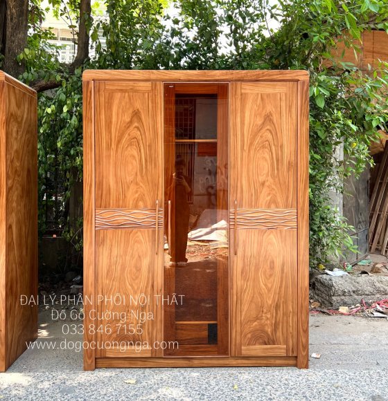 Tủ Quần Áo Gỗ Hương Xám 3 Cánh Mẫu Sóng Cánh Kính Cường Lực Cao Cấp 