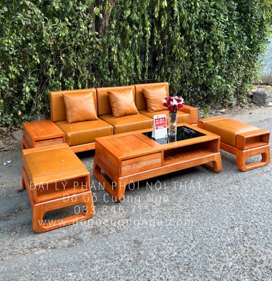 Bộ Bàn Ghế Sofa Gỗ Sồi Nga Nhỏ Gọn Chung Cư 4 Chi Tiết Màu Gõ 