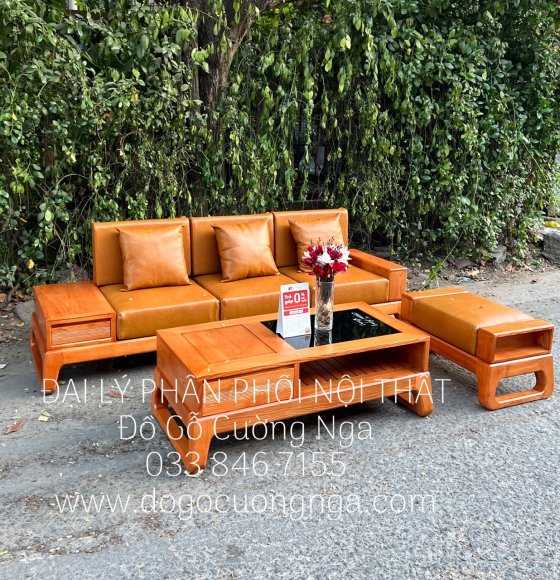 Bộ Bàn Ghế Sofa Gỗ Sồi Nga Nhỏ Gọn Chung Cư Căn Hộ Kèm Nệm 