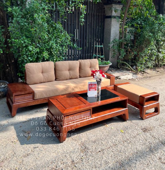Bộ Bàn Ghế Sofa Gỗ Sồi Nga Văng Choãi Màu Óc Chó 3 Chi Tiết 