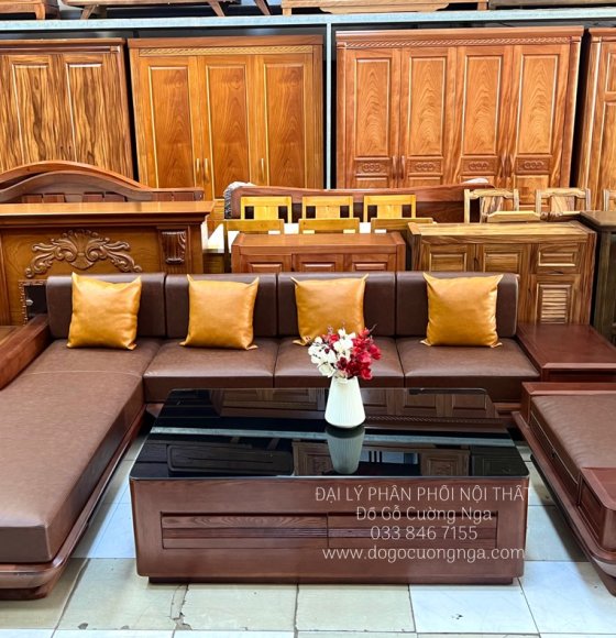 Bộ Ghế Sofa Gỗ Sồi Nga Góc L Chân Thuyền Cao Cấp 3m2x2m1 Lau Màu Óc Chó 