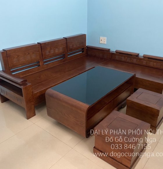 Ghế sofa gỗ sồi nga màu óc chó - bàn cong hiện đại 