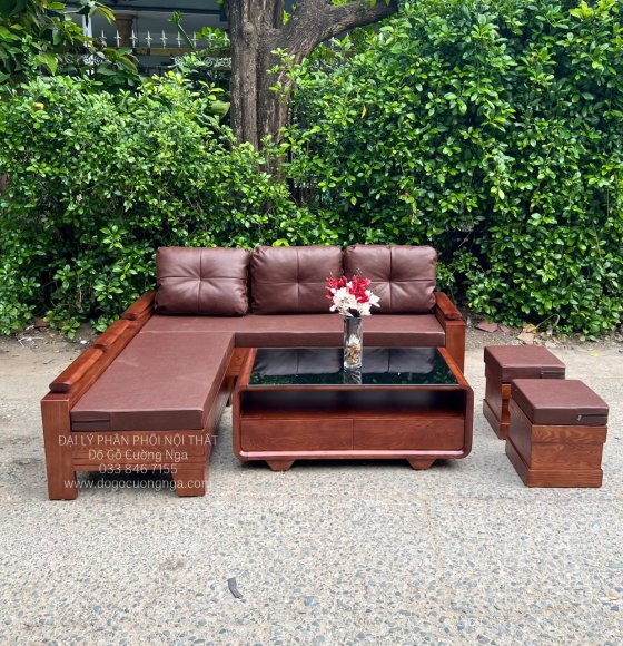 Bộ Bàn Ghế Sofa Gỗ Sồi Nga Màu Óc Chó Kết Hợp Nệm 