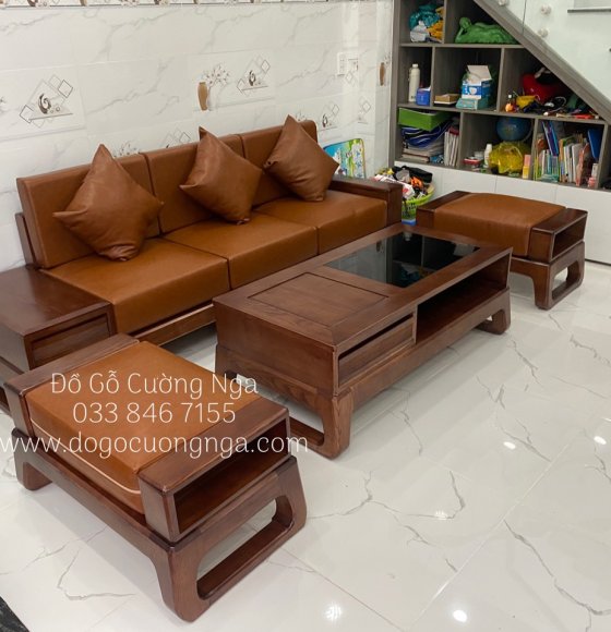 Ghế Sofa Gỗ Sồi Nga 1 Văng Choãi 4 Chi Tiết Màu Óc Chó Giá Rẻ 