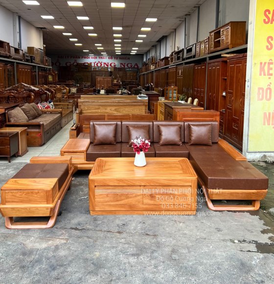 Sofa Gỗ Gõ Đỏ Góc 2m8x1m8 Chân Thuyền Cao Cấp Mẫu Mới 