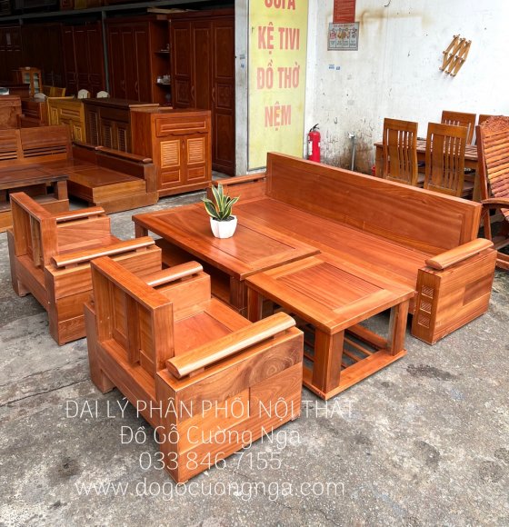Bộ Bàn Ghế Sofa Gỗ Xoan Đào Kiểu Đối Xứng Lưng Liền Hiện Đại 