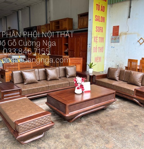 Ghế Sofa Gỗ Sồi Nga 2 Văng Tay Da Cao Cấp Sang Trọng 