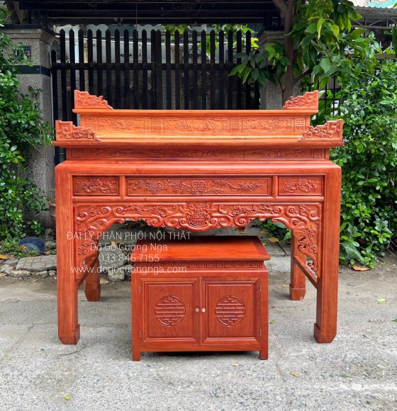 Bàn Thờ Án Gian Gỗ Hương Đá 2 Tầng 1m75 Kèm Tủ Cơm Trạm Như Ý 