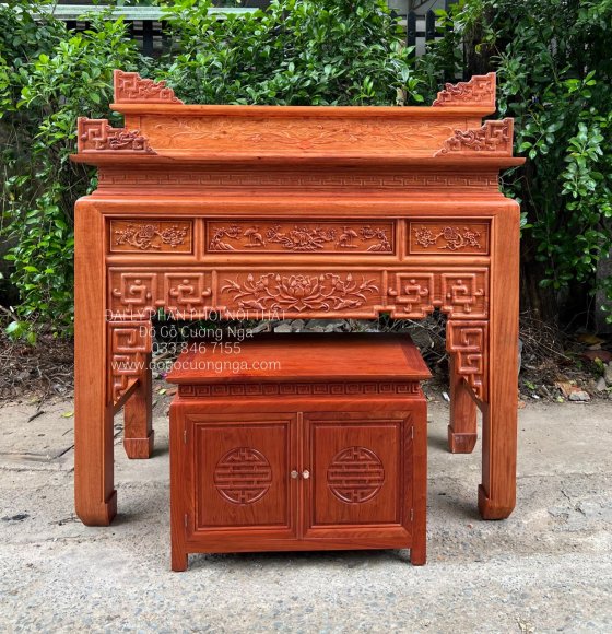 Bàn Thờ Gỗ Hương Đá 2 Tầng Cao Cấp 1m53 Kèm Tủ Táp 