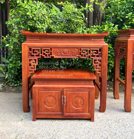 Bàn Thờ Gia Tiên Gỗ Gõ Đỏ Cao Cấp 1m27 Kèm Tủ Cơm 