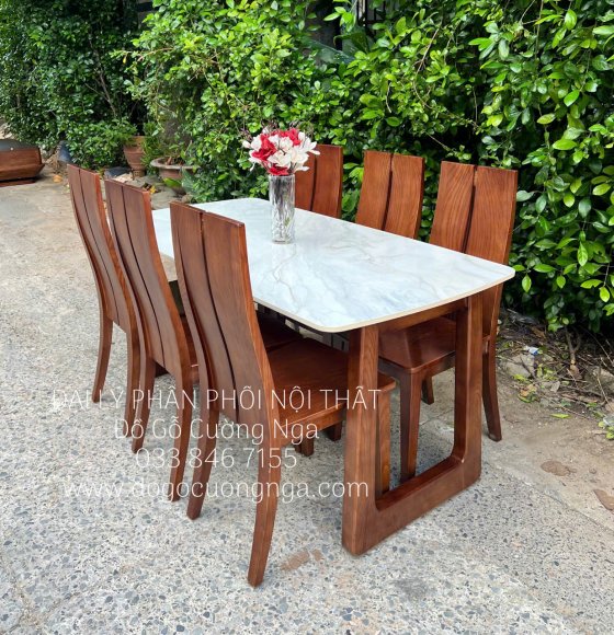 Bàn Ăn Gỗ Sồi Nga Màu Óc Chó 6 Ghế Kèm Mặt Đá