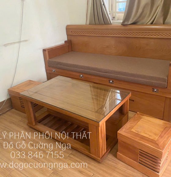 Giường Gấp Gọn Gỗ Gõ Đỏ Trọn Bộ Kèm Nệm Và Đôn Ngồi Tiện Nghi 