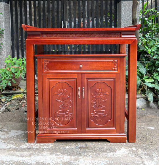 Bàn Thờ Gỗ Xoan Đào Thiết Kế Tinh Tế 1m27 Kèm Tủ Cơm 