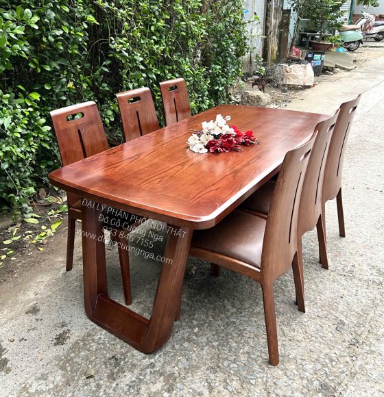 Bàn Ăn Gỗ Sồi Nga Chân Choãi Lau Màu Óc Chó 6 Ghế Nệm Cao Cấp 