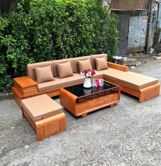 Sofa Gỗ Sồi Nga Góc L Chân Cuốn 2m8xm8 Kèm Nệm Màu Gõ Đỏ 