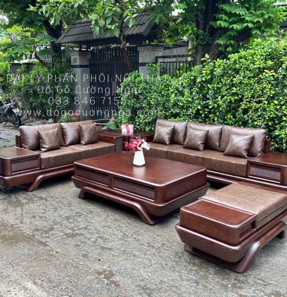 Ghế Sofa Gỗ Sồi Nga 2 Văng Chân Thuyền Tay Caro Cao Cấp 