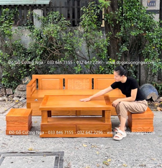 Giường Gấp Gỗ Gõ Đỏ Kèm Bàn Trà Và Đôn Ngồi