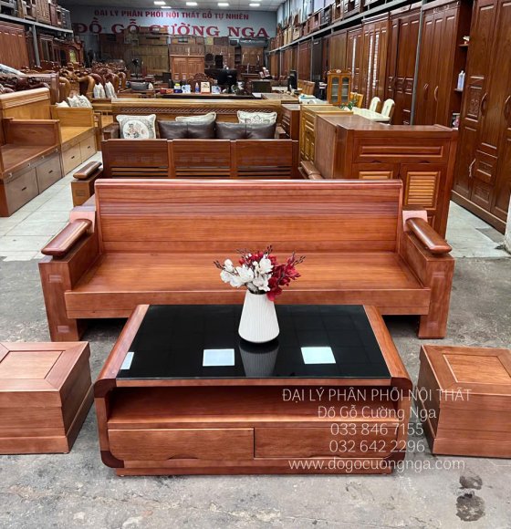 Sofa Văng Gỗ Xoan Đào Với Bàn Boom Hiện Đại 
