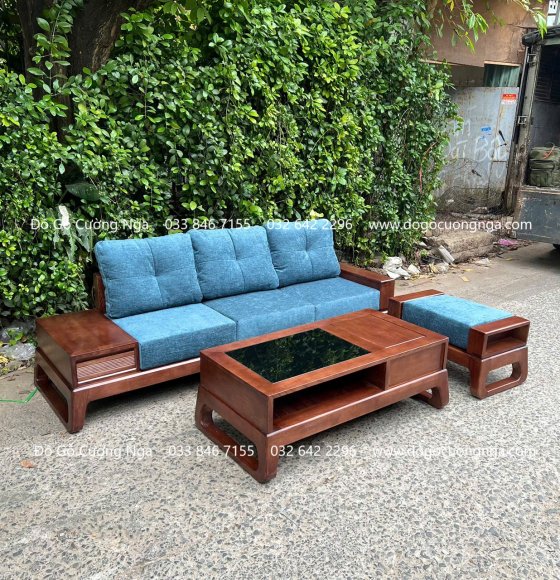 Ghế Sofa Gỗ Sồi Nga Văng 3 Chi Tiết Kết Hợp Nệm Vải Bố Sang Trọng