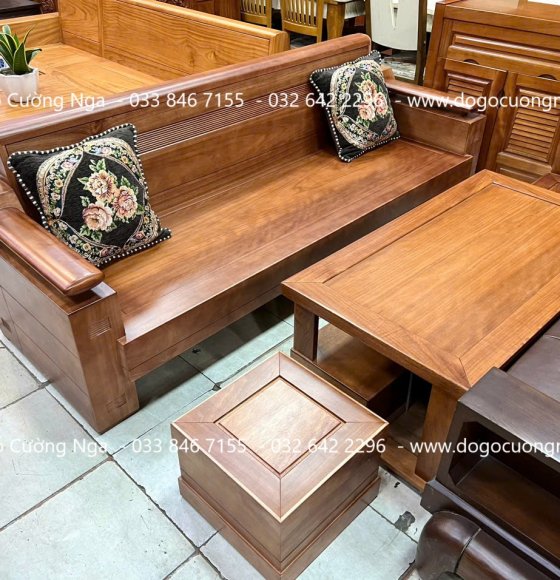 Ghế Sofa Văng Gỗ Xoan Đào 2m1 Kèm Bàn Đôn Hiện Đại 