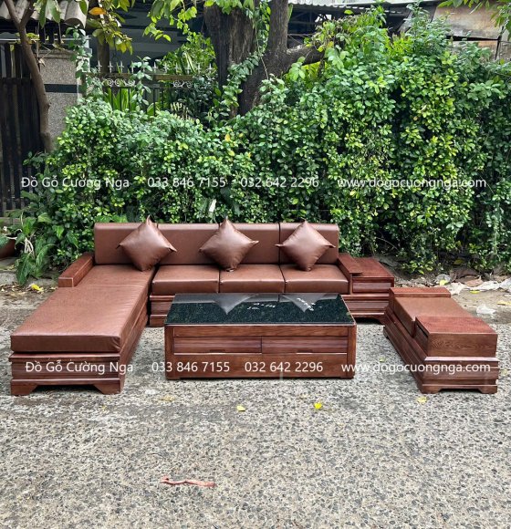 Bộ Ghế Sofa Gỗ Sồi Nga Góc L Chân Pháo 2m8x1m8 Hiện Đại 