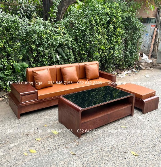 Bộ Ghế Sofa Văng Gỗ Sồi Màu Óc Chó Chân Uốn Sang Trọng 