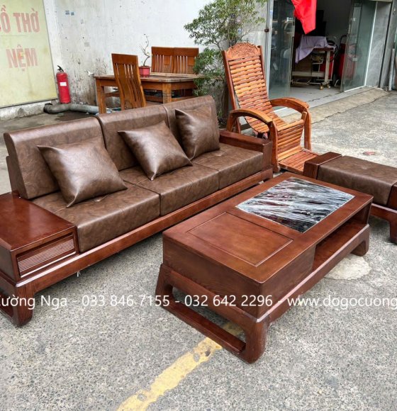 Sofa Văng Gỗ Sồi Lau Màu Óc Chó Sang Trọng Thiết Kế Chân Choãi 
