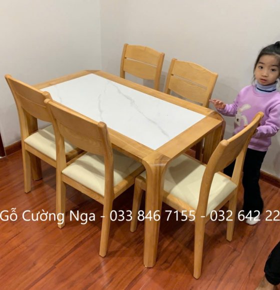 Bàn Ăn Gỗ Sồi Nga Mặt Đá 1m2 Kết Hợp Ghế Nệm Hiện Đại