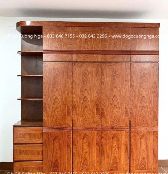 Tủ Áo Gỗ Hương Đá 4 Cánh Góc 2 Tầng Hiện Đại