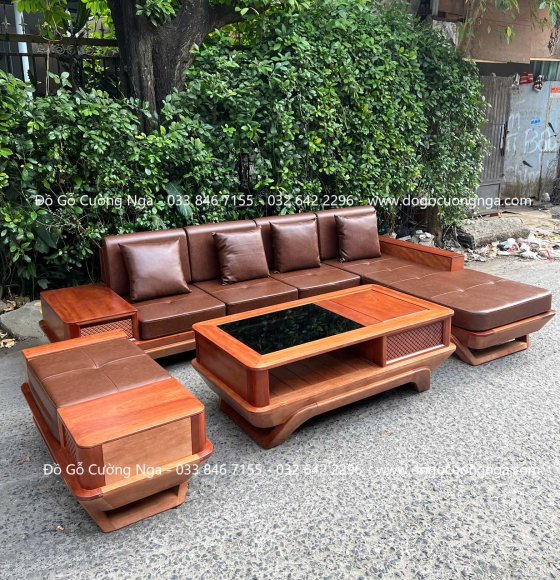 Ghế Sofa Gỗ Xoan Đào Góc L Chân Thuyền 2m9x1m8 Kèm Nệm 