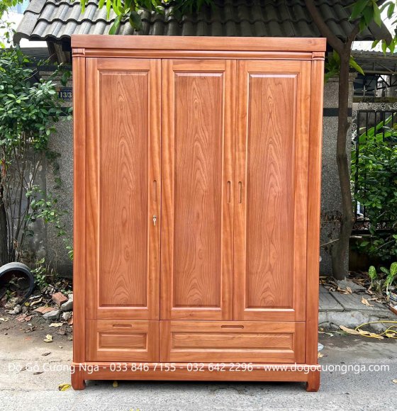 Tủ Quần Áo Gỗ Xoan Đào 3 Cánh Trơn Hiện Đại