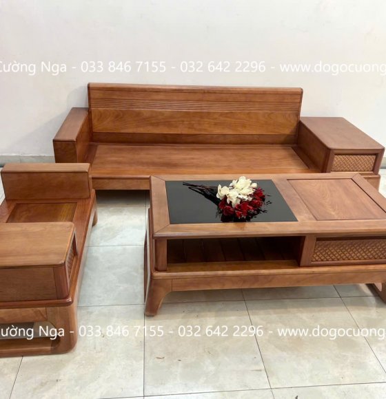 Sofa Gỗ Xoan Đào Thiết Kế Văng Choãi Hiện Đại 3 Chi Tiết 
