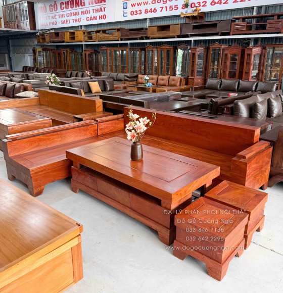 Ghế Sofa Gỗ Hương Đá Góc L 2m44x2m - Tay Trứng Đẹp Sang Trọng 