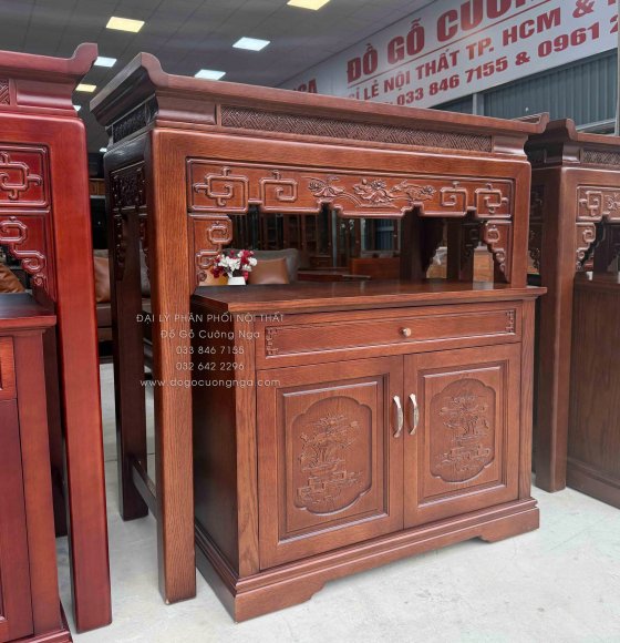 Bàn Thờ Án Gian Gỗ Sồi Mỹ 1m27 - Kèm Tủ Táp Tinh Tế Màu Óc Chó