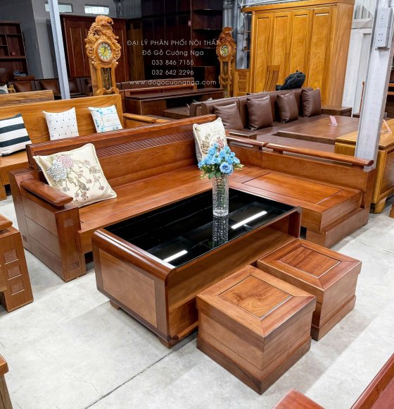 Sofa Gỗ Xoan Đào Góc L Tựa Soi 2m1x1m6 Kết Hợp Bàn Boom