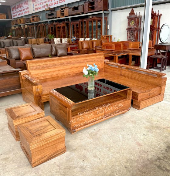 Sofa Gỗ Hương Xám Góc L Đổi Chiều Lưng Tựa Soi 2m1x1m6 Kết Hợp Bàn Boom