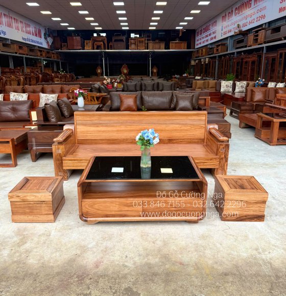 Sofa Văng Gỗ Hương Xám Lưng Tựa Soi Kết Hợp Bàn Boom Hiện Đại