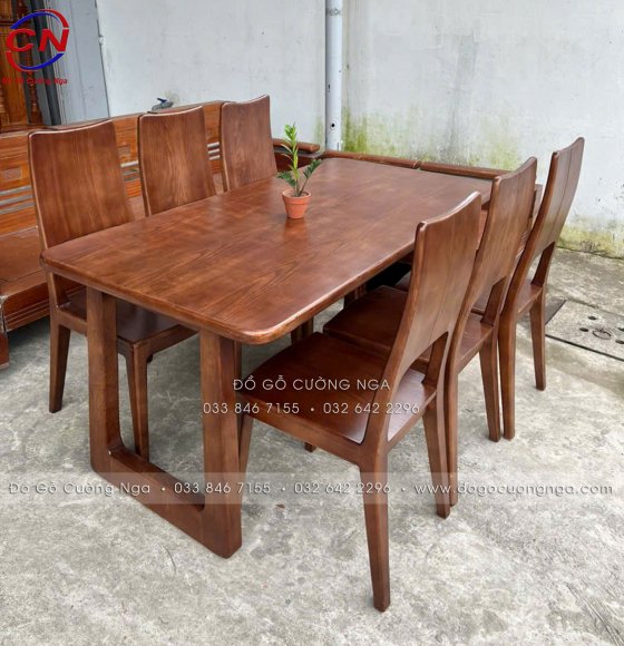 Bàn Ăn Gỗ Sồi Nga Màu Óc Chó Chân Choãi 6 Ghế